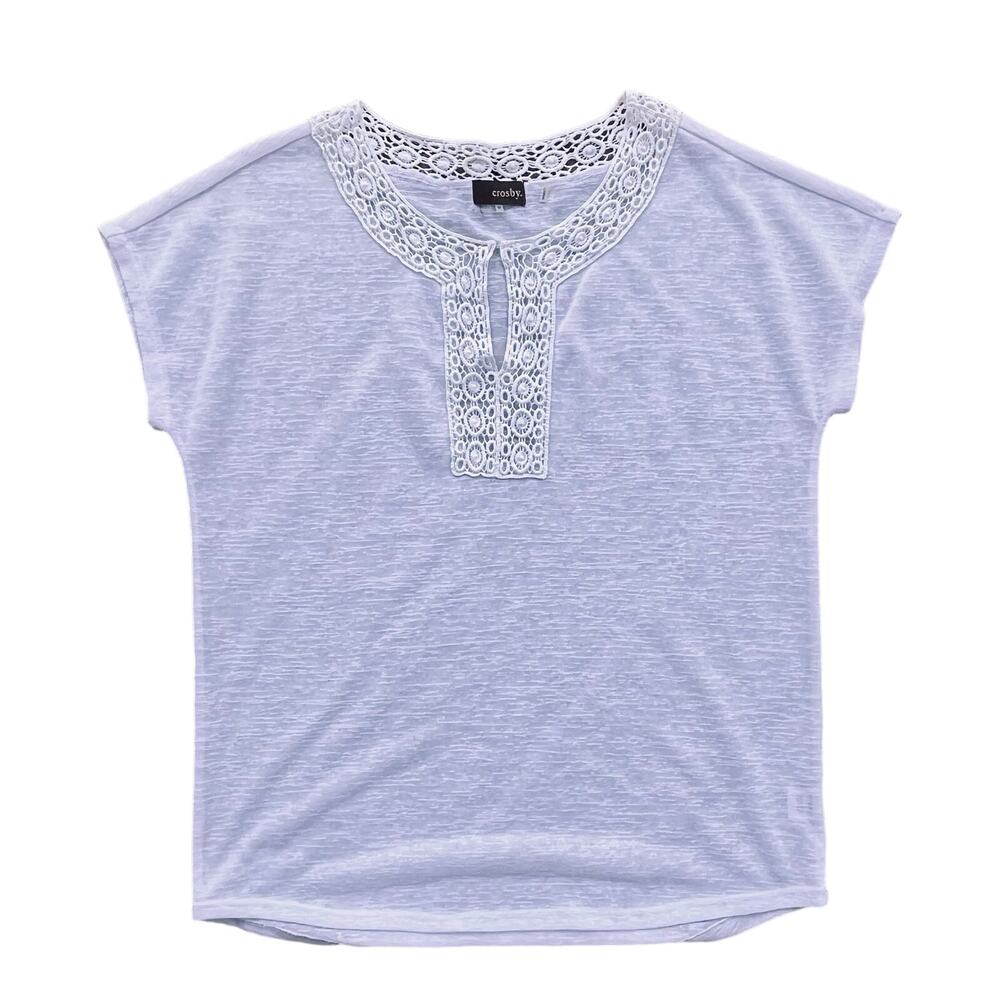 Crosby White Short Sleeve Embroidered Neck Top M